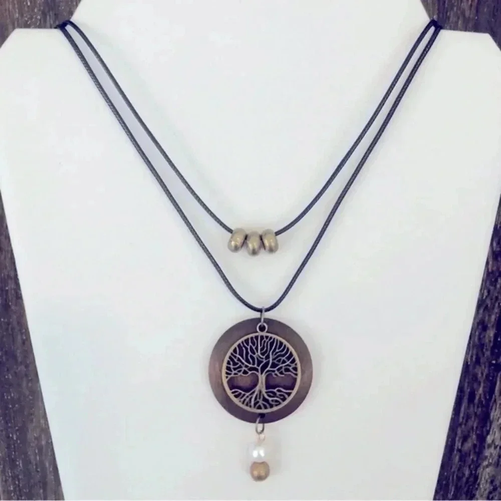 Tree of Life Necklace Double Strand Wood Waxed Cord NWT